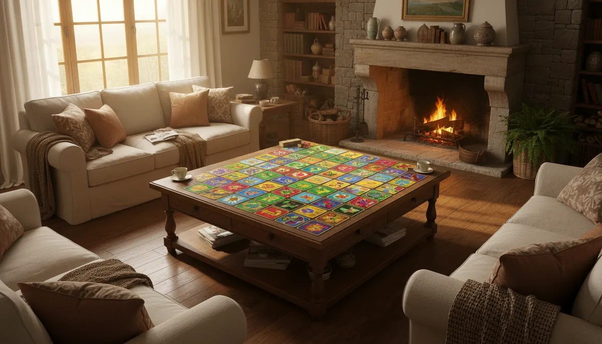 Un jeu de société avec de grandes cartes illustrées colorées est étalé sur une table basse en bois dans un salon lumineux.