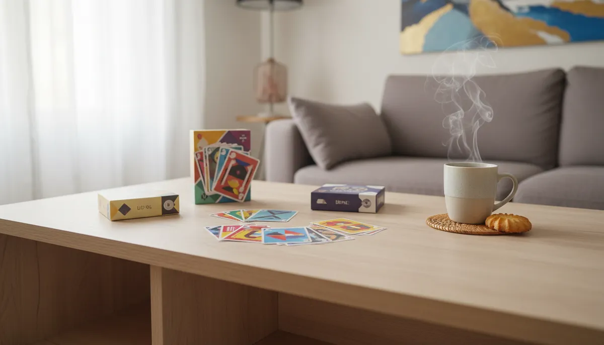 Une table de salon en bois clair avec quatre jeux de cartes étalés, un café et un biscuit près d'une fenêtre ensoleillée.