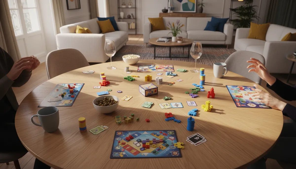 Une table de salon en bois clair avec quatre jeux de société colorés pour six joueurs et plus, sous une lumière naturelle latérale.