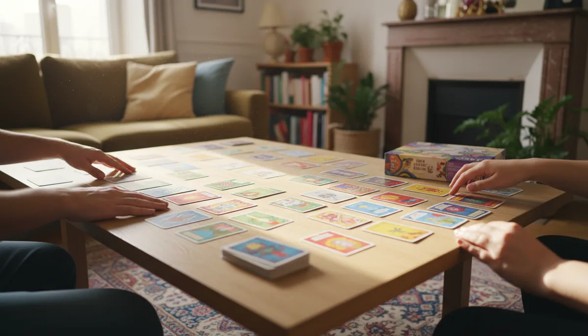 Une table de salon en bois clair avec un couple jouant à un jeu de société de cartes colorées sous la lumière naturelle du jour.