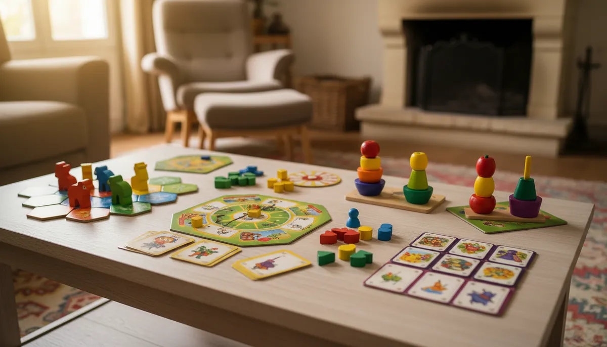 Quatre jeux de société pour enfants de 6 ans sont posés sur une table de salon en bois clair, près d'une fenêtre ensoleillée.