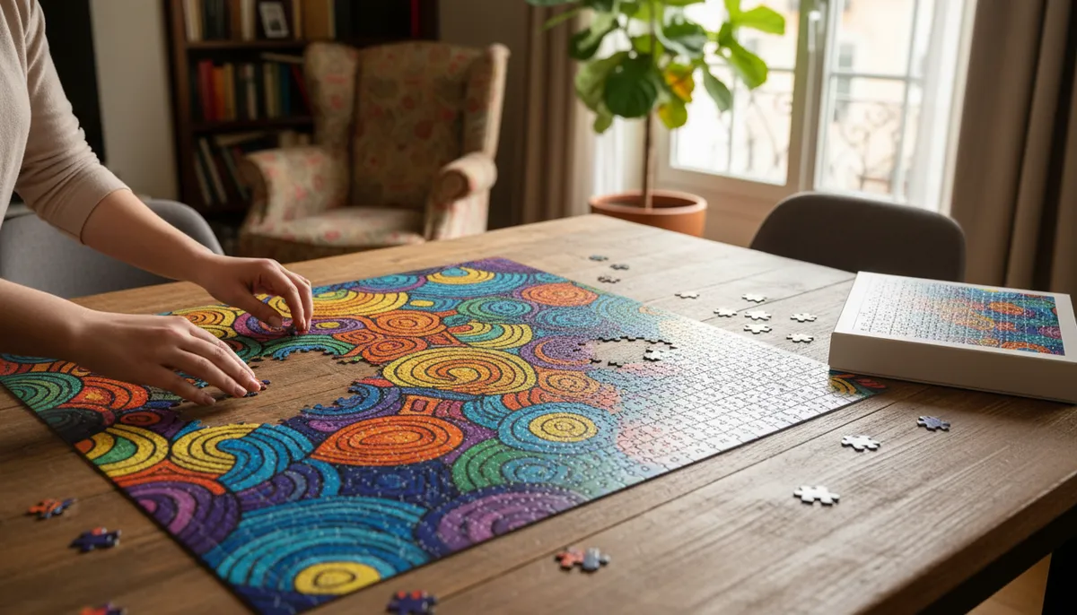Une femme assemble un puzzle coloré de 1000 pièces sur une table en bois dans un salon lumineux, avec la boîte du jeu à côté.