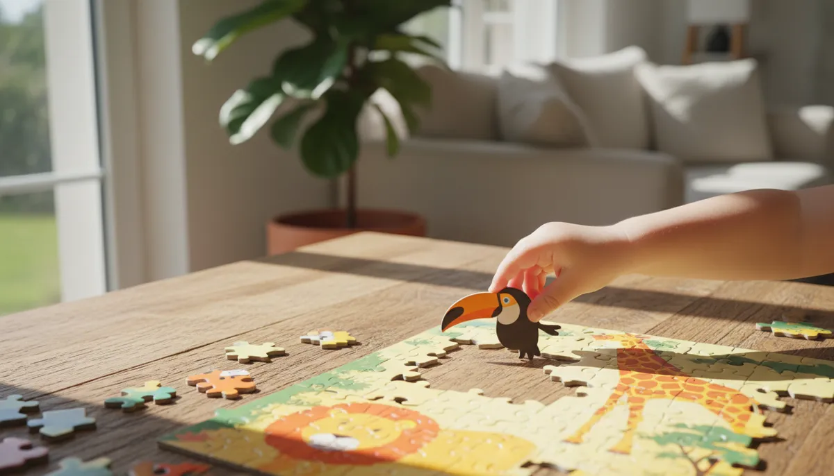 Un enfant de 4 ans assemble un puzzle sur le thème des animaux, sous une lumière naturelle dans un salon lumineux.