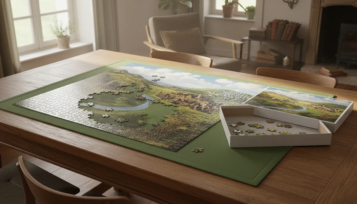 Un tapis de puzzle vert déroulé sur une table en bois, avec un grand puzzle à moitié assemblé au centre.
